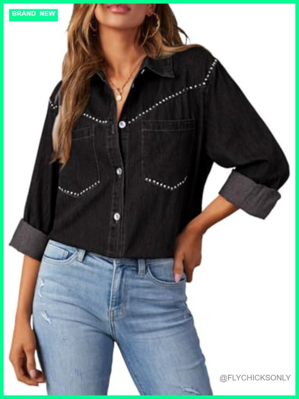 Women's 100% Cotton Denim Button Down Shirt Long Sleeve Western Shacket